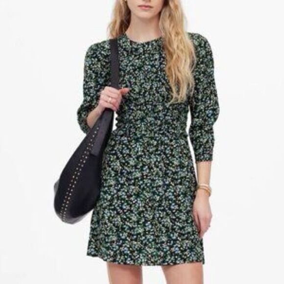 MADEWELL Smocked Mini Dress in Floral Meadow Ditsy Black Women’s Size 10 - Picture 1 of 15